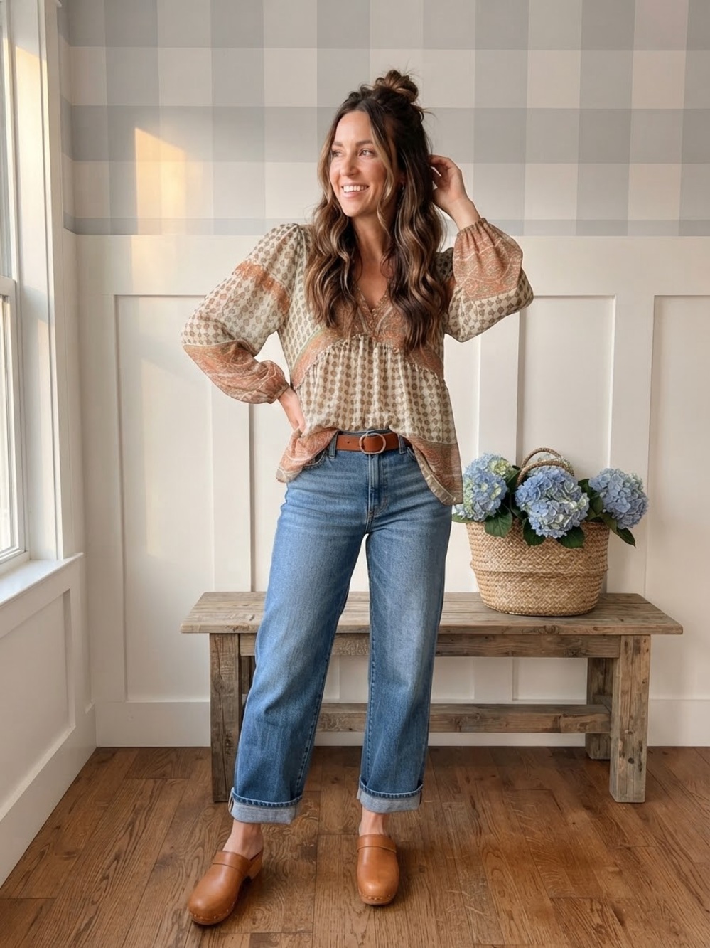 Rose & Olive Neutral Patchwork Boho Peasant Top Large